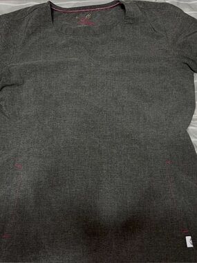 smitten Dark Gray Knit Scoop Neck Top with Pink Trim